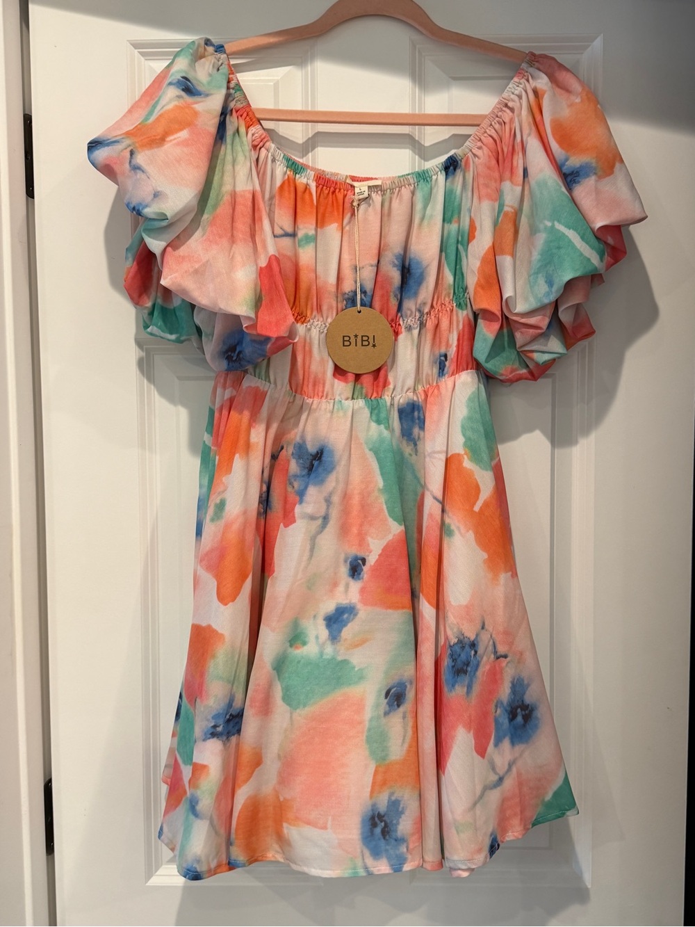 BiBi Multicolor Watercolor Floral Off-Shoulder Dress - Coral, Aqua, Blue